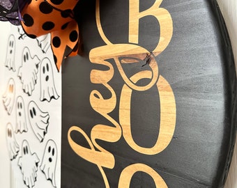hey BOO wooden door hanger with interchangeable bow, Halloween decor, Front Door decor, Door Wreath, Ghost, Spooky