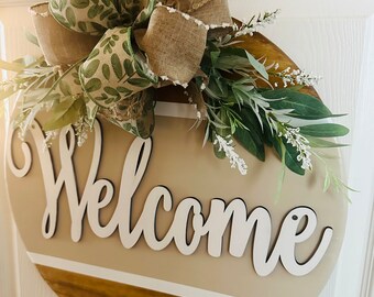 Welcome sign Interchangeable bow, 3D, Tan/White, Wooden sign, Door Hanger Front Door Wreath, Door swag, YearRound, Housewarming wedding gift