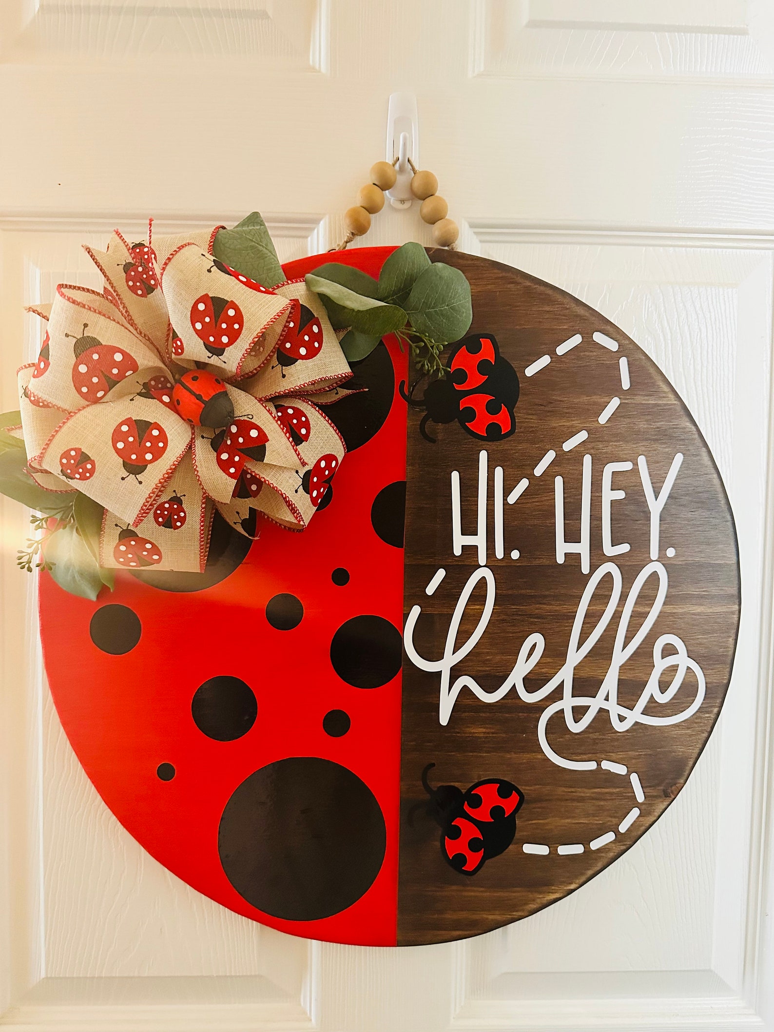 Hi. Hey. Hello. Ladybug Sign, Door Hanger With Interchangeable Bow ...
