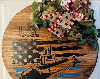 Submarine wall art, Navy, wooden door hanger with interchange bow, United States
