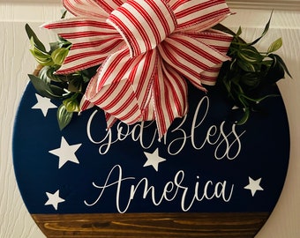 God Bless America door hanger, welcome sign, front porch decor, Stars and Stripes, red white blue, patriotic sign, Memorial Day, 4th of July