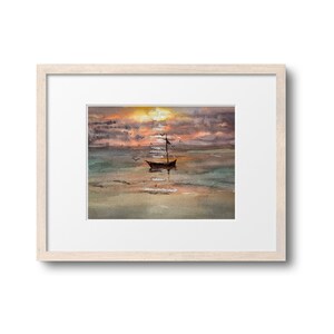 Water Color, Cozumel Mexico, Hand Painted, Sailboat, Colorful Pastel Sunset on Caribbean Ocean, Digital Download, Various Sizes