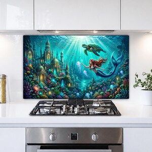 May include: A rectangular kitchen backsplash panel featuring a vibrant underwater scene with a mermaid, a sea turtle, and an ornate glowing castle surrounded by colorful coral reefs and jellyfish, set against a deep blue ocean background.