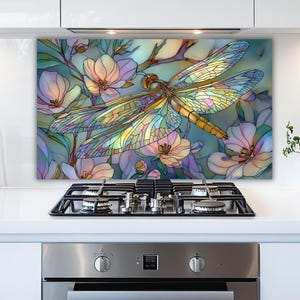 Stained Glass Kitchen Backsplash: Dragonfly and Flowers (Custom Sizes)