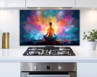 Chakra Meditation Lotus Glass Backsplash: Colorful Yoga Kitchen Art