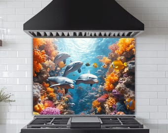 Underwater Dolphins Glass Backsplash: Vibrant Coral Reef Kitchen Wall Art