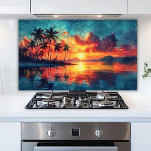 May include: A vibrant, colorful painting of a tropical sunset over the ocean. Silhouetted palm trees line the shore, reflecting in the water. The sky is a mix of orange, red, and blue hues, creating a dramatic and beautiful scene.