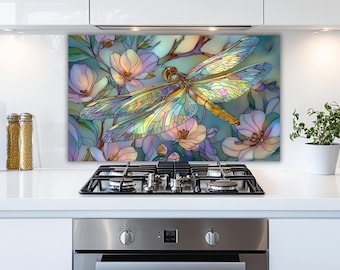 Tempered Glass Kitchen Backsplash Panel with Stained Glass Dragonfly Design – Heat Resistant Cooker Splashback Wall Art, Stove Backsplash