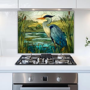 Heron Stained Glass Backsplash: Art Nouveau Nature Design