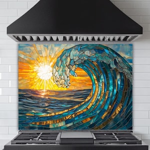 Ocean Wave Mosaic Backsplash: Tempered Glass Coastal Kitchen Art Splashback