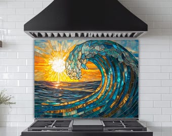 Ocean Wave Mosaic Backsplash: Tempered Glass Coastal Kitchen Art Splashback