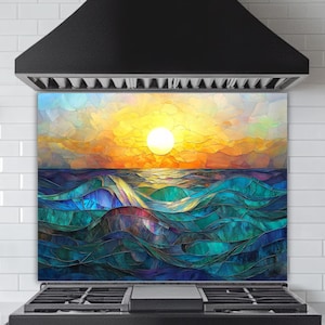 Ocean Sunset Stained Glass Backsplash - Colorful Coastal Kitchen Art