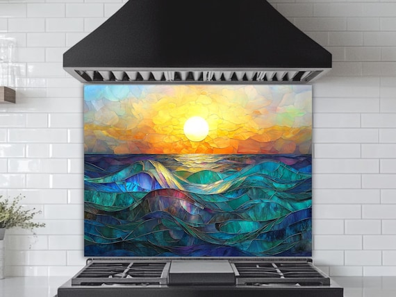 Ocean Sunset Stained Glass Backsplash - Colorful Coastal Kitchen Art