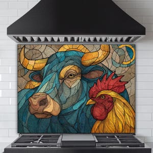 Bull and Rooster Glass Kitchen Backsplash: Farmhouse Mosaic Art