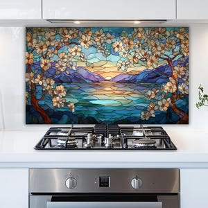 Art Nouveau Tempered Glass Stove Backsplash – Spring Blossom Lake Scene