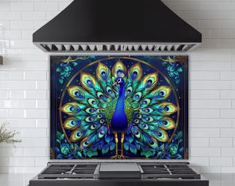 Royal Peacock Backsplash - Tempered Glass Panel with Gold Details, Sacred Symbol Kitchen Splashback, Boho Luxe Wall Decor, Gift-Ready Design