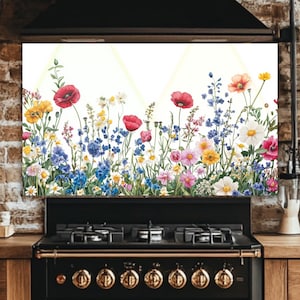 Wildflower Meadow Tempered Glass Backsplash: Vibrant Botanical Kitchen Art