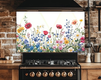 Wildflower Meadow Tempered Glass Backsplash: Vibrant Botanical Kitchen Art