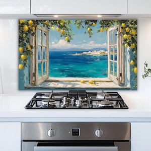 May include: A colourful painting shows an open window with a view of a turquoise sea and a distant white town. Yellow lemons hang from leafy branches framing the window. The window has white frames and is set against a light blue wall.