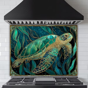 Stained Glass Sea Turtle Backsplash – Tempered Glass Ocean Panel, UV Printed Aquatic Art – Turquoise Blue Decorative Kitchen Tile Splashback