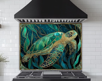 Stained Glass Sea Turtle Backsplash: Tempered Glass Ocean Art Tile