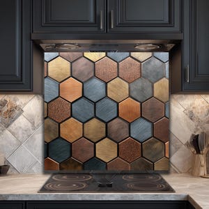Tempered Glass Backsplash, Brushed Metal Look Hexagon Honeycomb, UV-Printed, Heat Resistant