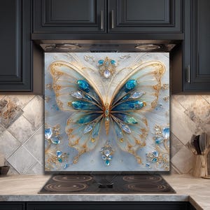 Blue Gold Butterfly Kitchen Backsplash - Tempered Glass, Easy Clean