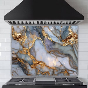 Blue & Gold Marble Glass Backsplash: Tempered Kitchen Splashback Panel