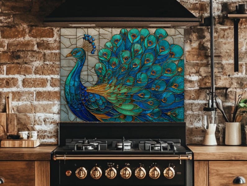 Vibrant peacock stained-glass backsplash in shades of teal and blue, mounted behind a professional black gas range in a rustic kitchen with exposed brick walls and wooden countertops.