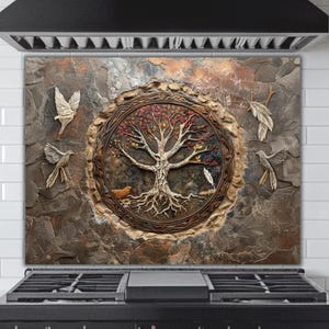 Tree of Life Glass Backsplash - Symbolic Tempered Glass Wall Art with Birds, UV Printed Kitchen Decor Stove & Sink Panel for Spiritual Homes