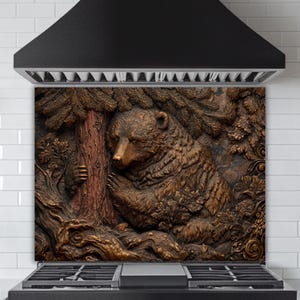Rustic Forest Bear Tempered Glass Backsplash: Bronze Relief Kitchen Wall Art