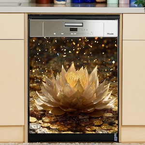 Dishwasher Magnet Cover – Golden Lotus on Coins, Metallic Glow, Magnetic Dishwasher Wrap, Removable Vinyl, Mini Fridge Cover, UV Ink