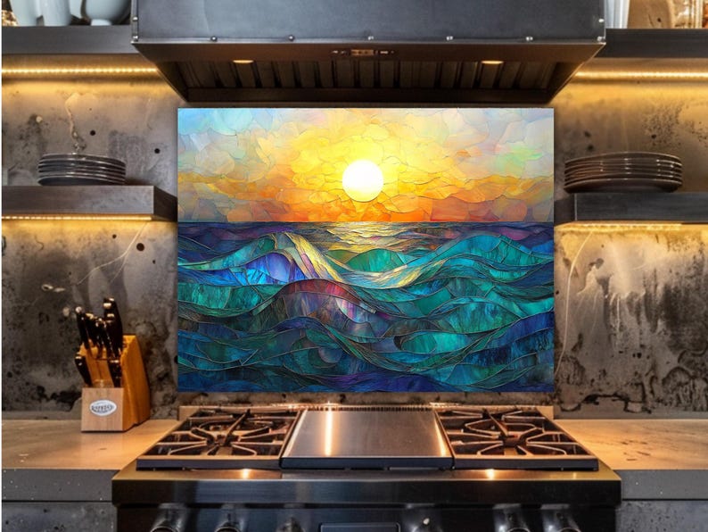 A stained-glass style backsplash featuring an ocean sunset with rolling waves is illuminated by warm under-cabinet lighting. It is set against a textured industrial wall behind a professional stainless steel range, flanked by a knife block and open shelving.