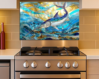 Backsplash for Stove Tempered Glass, Stained Glass Look Marlin Design