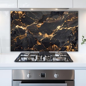 Black Marble & Gold Vein Tempered Glass Stove Backsplash