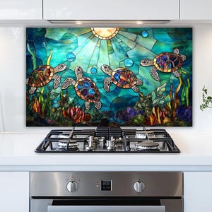 Sea Turtle Kitchen Backsplash - Stained Glass Look, Coastal Decor