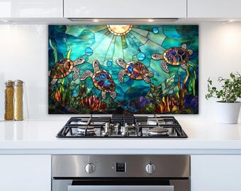 Sea Turtle Kitchen Backsplash - Stained Glass Look, Coastal Decor