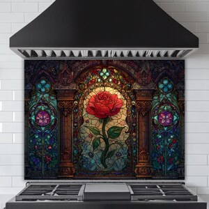 Kitchen Backsplash Panel: Red Rose Gothic Arch - Tempered Glass
