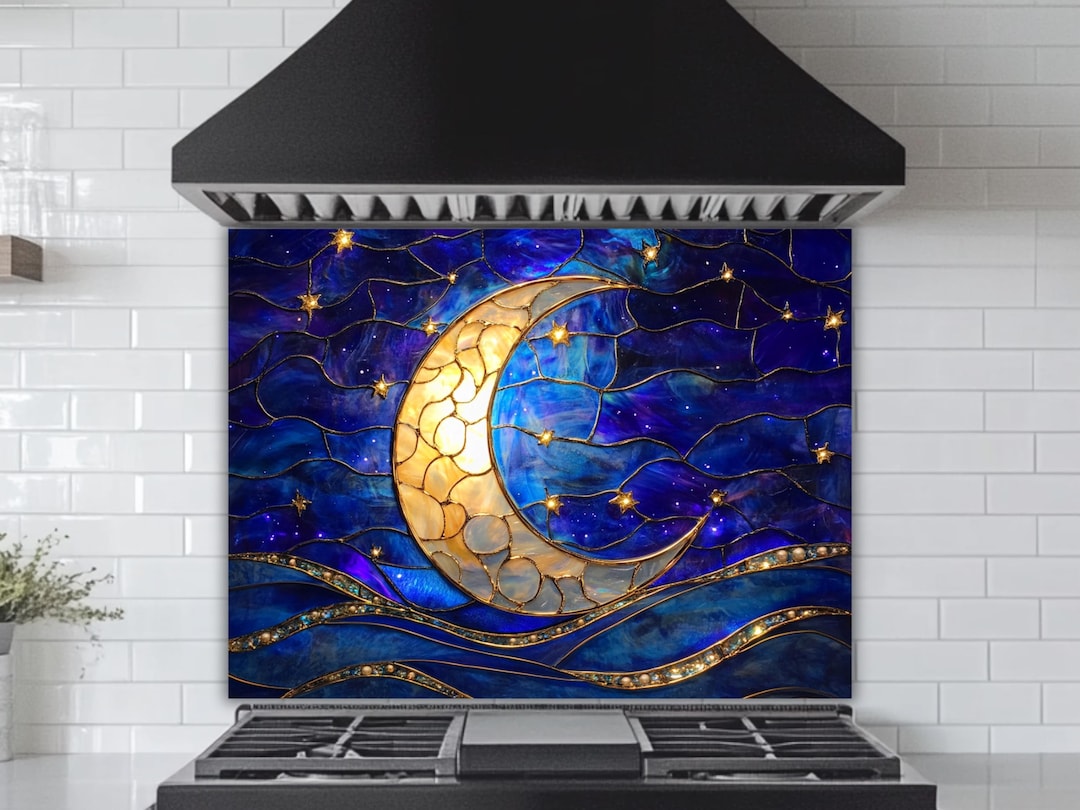 Celestial Kitchen Backsplash, Moon and Stars (blue Gold Tempered Glass ...