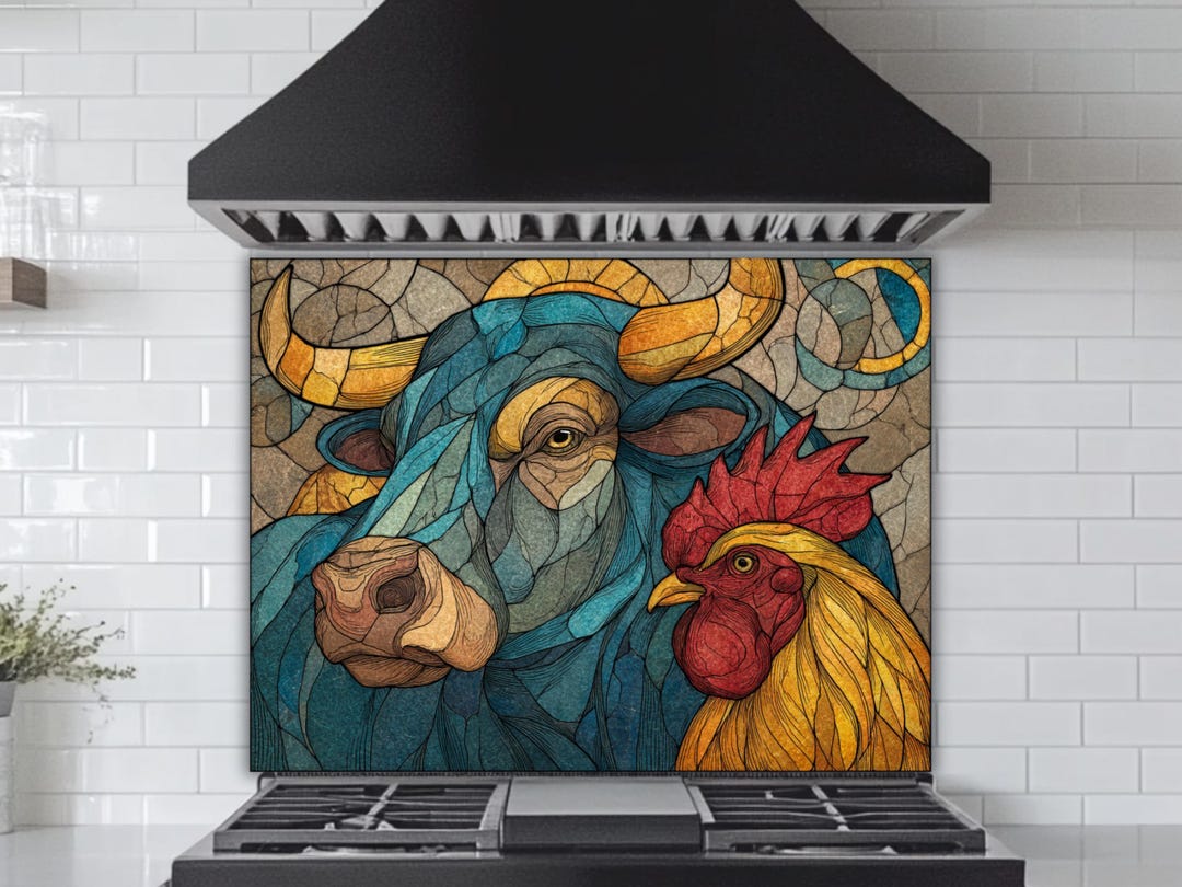Farmhouse Kitchen Glass Panel: Bold Bull and Rooster Design - Etsy