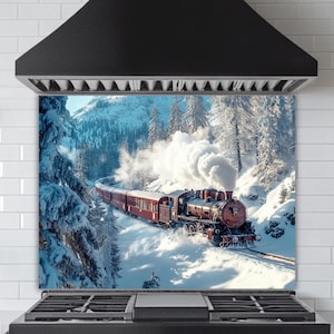 Steam Train Snowy Mountains Backsplash: Tempered Glass Winter Kitchen Tile