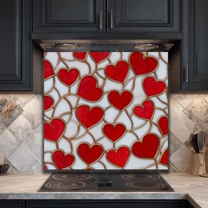 Red Hearts Tempered Glass Backsplash, Romantic Love Kitchen Panel, Gold Outline Stove Guard