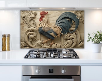 3D Ornate Rooster Glass Backsplash, Blue Baroque Kitchen Splashback, Sculptural Country Stove Panel