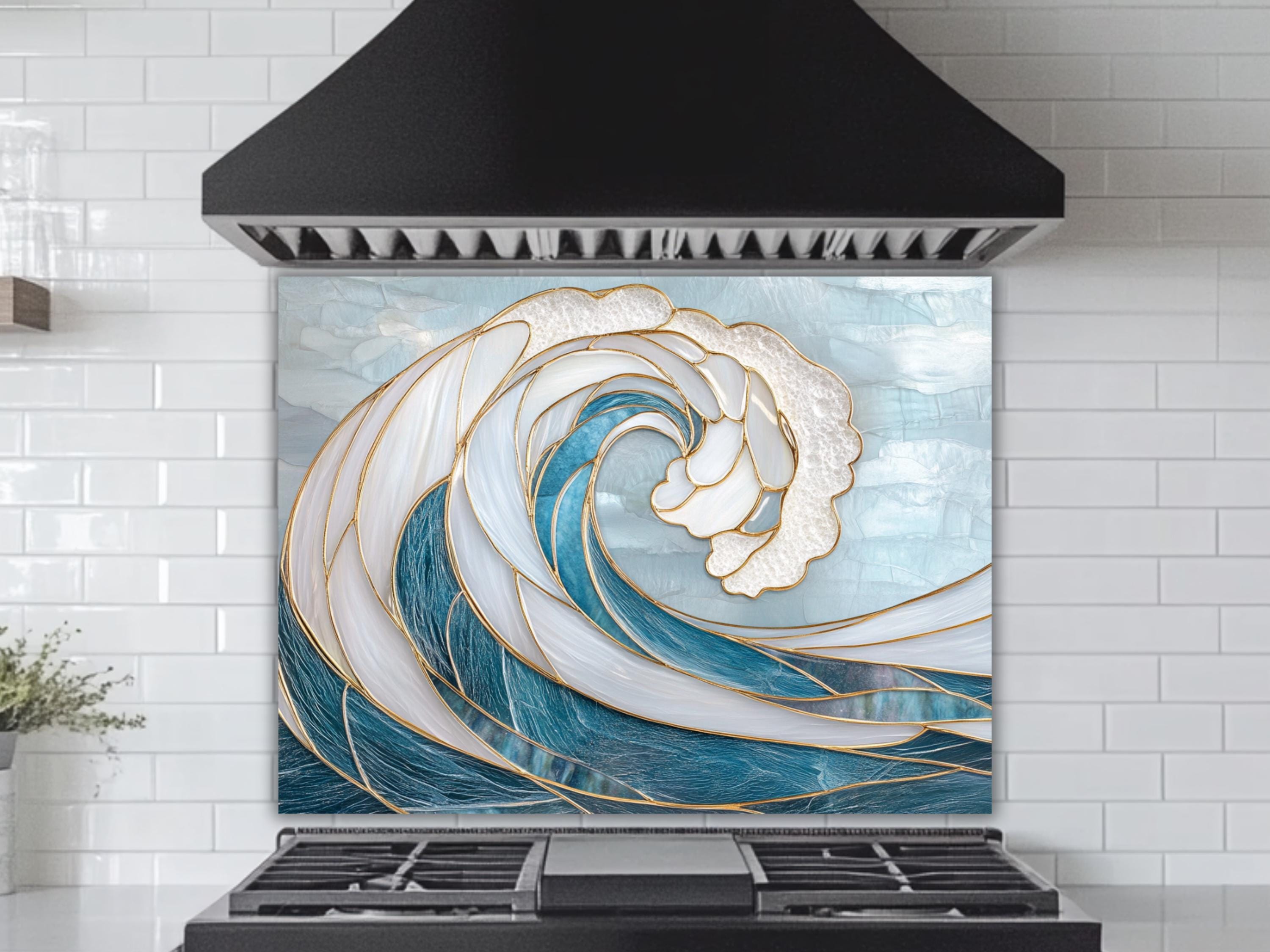 Stained Glass Ocean Wave Backsplash: Tempered Glass Coastal Kitchen Art
