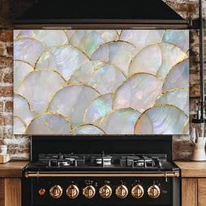 Mother of Pearl Backsplash Panel: Gold Accent Mosaic Glass Wall Art