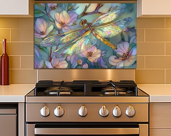 Backsplash for Stove, Tempered Glass Range Splashback, Dragonfly Floral Design, Custom Size