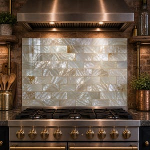 May include: A kitchen backsplash featuring rectangular tiles with a pearlescent, iridescent finish in shades of cream, white, and soft gold. The tiles are arranged in a classic brick pattern with thin grout lines, positioned above a stainless steel stove.