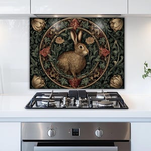 William Morris Rabbit Backsplash: Gothic Botanical Art Tempered Glass