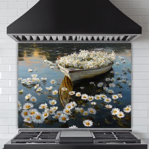 Daisy Boat Lake Backsplash: UV Printed Tempered Glass Kitchen Decor