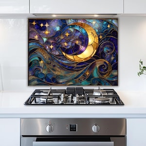 Glass Backsplash Panel: Moon and Stars Design - Blue Gold Accent
